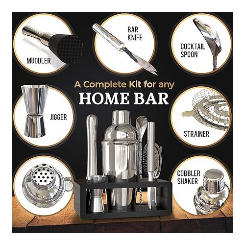  Highball & Chaser Cocktail Shaker Set: Bartender Kit for Home Bar Mixology Cocktail Bar Set Plus E-Book with 30 Recipes (Silver)