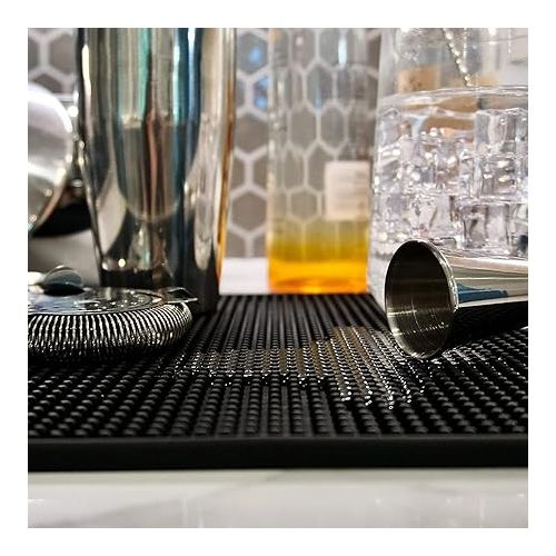  Highball & Chaser Bar Mat 18 x 12, Thick Durable and Stylish Bar Mat for Spills. Non Slip, Non-Toxic, Service Mat for Coffee, Bars, Restaurants Counter Top (Black, 1 pack)