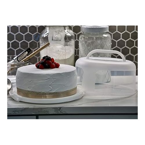  Top Shelf Elements Round Cake Carrier Two Sided Holder Serves as Five Section Serving Tray, Portable Stand Fits 10 inch Cake, Box Comes with Handle, Container Holds Pies (White)