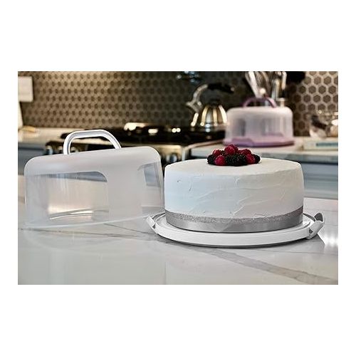  Top Shelf Elements Round Cake Carrier Two Sided Holder Serves as Five Section Serving Tray, Portable Stand Fits 10 inch Cake, Box Comes with Handle, Container Holds Pies (White)