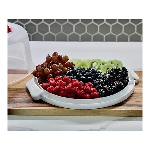  Top Shelf Elements Round Cake Carrier Two Sided Holder Serves as Five Section Serving Tray, Portable Stand Fits 10 inch Cake, Box Comes with Handle, Container Holds Pies (White)