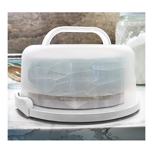  Top Shelf Elements Round Cake Carrier Two Sided Holder Serves as Five Section Serving Tray, Portable Stand Fits 10 inch Cake, Box Comes with Handle, Container Holds Pies (White)