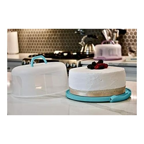  Top Shelf Elements Round Cake Carrier Two Sided Cake Holder Serves as Five Section Serving Tray, Portable Cake Stand Fits 10 inch Cake, Cake Box Comes with Handle, Cake Container Holds Pies (Aqua)