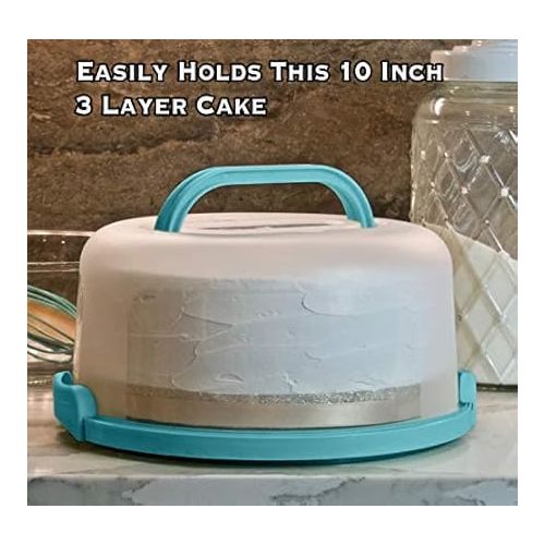  Top Shelf Elements Round Cake Carrier Two Sided Cake Holder Serves as Five Section Serving Tray, Portable Cake Stand Fits 10 inch Cake, Cake Box Comes with Handle, Cake Container Holds Pies (Aqua)