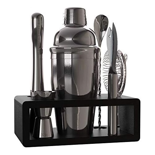  [아마존베스트]Highball & Chaser Elite Gunmetal Plated Bartender Kit with Stylish Bamboo Stand - Stainless Steel Cocktail Shaker Set with Rustproof Bar Tools. Perfect Bar Set for Home Bars and Dr