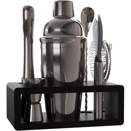  [아마존베스트]Highball & Chaser Elite Gunmetal Plated Bartender Kit with Stylish Bamboo Stand - Stainless Steel Cocktail Shaker Set with Rustproof Bar Tools. Perfect Bar Set for Home Bars and Dr