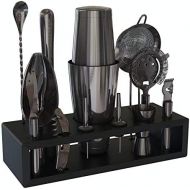 [아마존베스트]Highball & Chaser Gun Metal Black Plated Premium Bartender Kit with Espresso Bamboo Stand Boston Shaker Cocktail Shaker Set with Stainless Steel Bar Tools