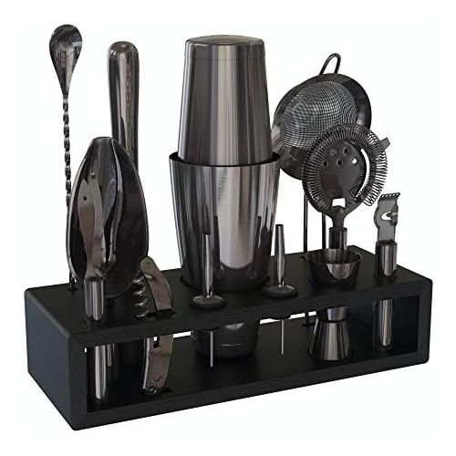  [아마존베스트]Highball & Chaser Gun Metal Black Plated Premium Bartender Kit with Espresso Bamboo Stand Boston Shaker Cocktail Shaker Set with Stainless Steel Bar Tools