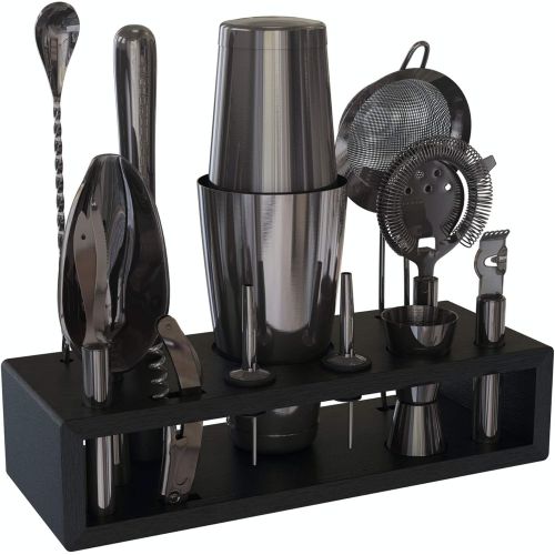  [아마존베스트]Highball & Chaser Gun Metal Black Plated Premium Bartender Kit with Espresso Bamboo Stand Boston Shaker Cocktail Shaker Set with Stainless Steel Bar Tools