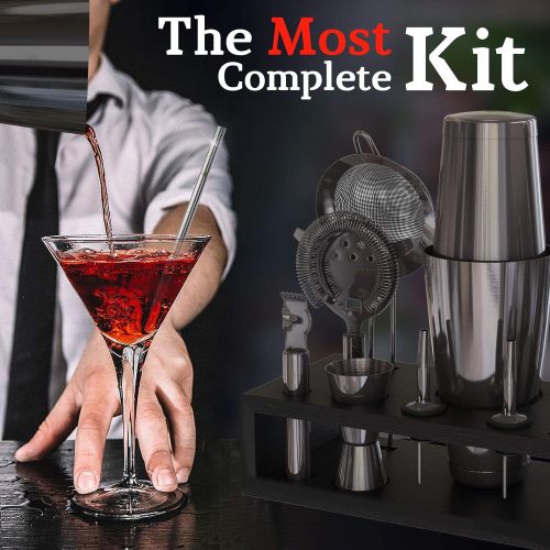  [아마존베스트]Highball & Chaser Gun Metal Black Plated Premium Bartender Kit with Espresso Bamboo Stand Boston Shaker Cocktail Shaker Set with Stainless Steel Bar Tools