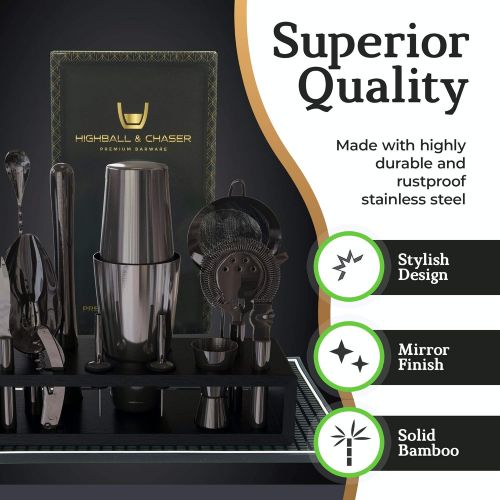  [아마존베스트]Highball & Chaser Gun Metal Black Plated Premium Bartender Kit with Espresso Bamboo Stand Boston Shaker Cocktail Shaker Set with Stainless Steel Bar Tools