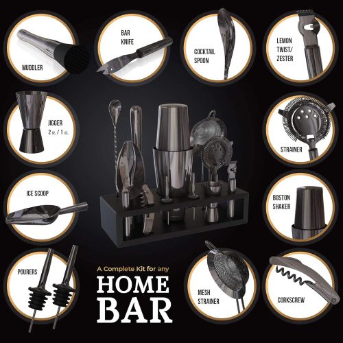  [아마존베스트]Highball & Chaser Gun Metal Black Plated Premium Bartender Kit with Espresso Bamboo Stand Boston Shaker Cocktail Shaker Set with Stainless Steel Bar Tools