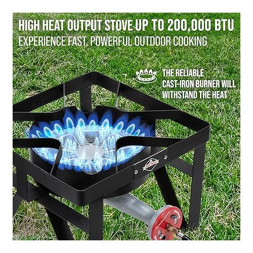  Hike Crew Cast Iron Single-Burner Outdoor Gas Stove | 220,000 BTU Portable Propane-Powered Cooktop | with Blue Flame Air Control Panel, Hose with Adjustable 0-20 PSI Regulator