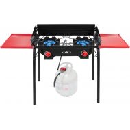 Hike Crew Cast Iron Double-Burner Outdoor Gas Stove 150,000 BTU Portable Propane-Powered Cooktop with Removable Legs, Temperature Control Knobs, Wind Panels, Hose, Regulator & Stor