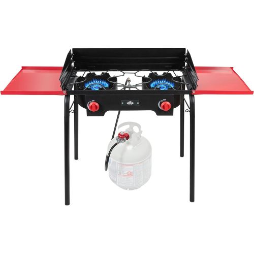  Hike Crew Cast Iron Double-Burner Outdoor Gas Stove 150,000 BTU Portable Propane-Powered Cooktop with Removable Legs, Temperature Control Knobs, Wind Panels, Hose, Regulator & Stor