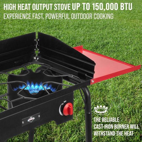  Hike Crew Cast Iron Double-Burner Outdoor Gas Stove 150,000 BTU Portable Propane-Powered Cooktop with Removable Legs, Temperature Control Knobs, Wind Panels, Hose, Regulator & Stor