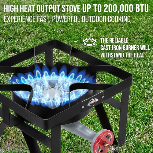  Hike Crew Cast Iron Single-Burner Outdoor Gas Stove 220,000 BTU Portable Propane-Powered Cooktop with Blue Flame Air Control Panel, Hose with Adjustable 0-20 PSI Regulator