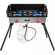 Hike Crew Cast Iron Double-Burner Outdoor Gas Stove 150,000 BTU Portable Propane-Powered Cooktop w/ Compact Foldable Legs, Temperature Control Knobs, Wind Panels, Hose Regulator &
