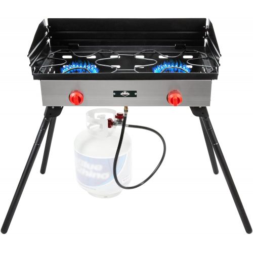  Hike Crew Cast Iron Double-Burner Outdoor Gas Stove 150,000 BTU Portable Propane-Powered Cooktop w/ Compact Foldable Legs, Temperature Control Knobs, Wind Panels, Hose Regulator &