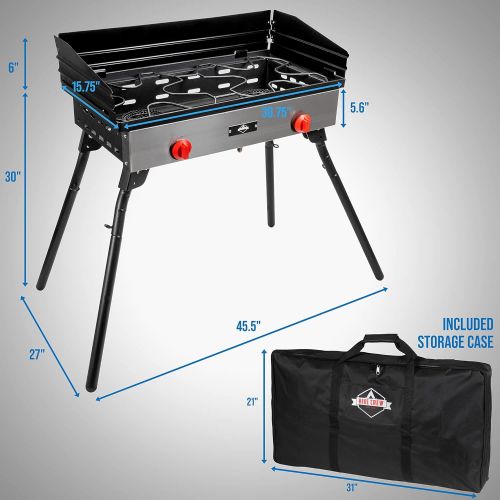  Hike Crew Cast Iron Double-Burner Outdoor Gas Stove 150,000 BTU Portable Propane-Powered Cooktop w/ Compact Foldable Legs, Temperature Control Knobs, Wind Panels, Hose Regulator &