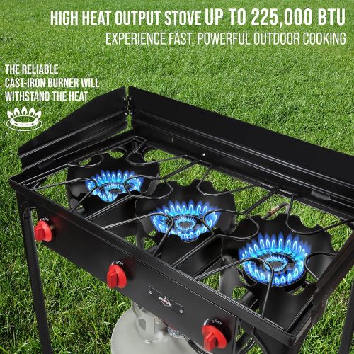  Hike Crew Cast Iron 3-Burner Outdoor Gas Stove 225,000 BTU Portable Propane-Powered Cooktop with Removable Legs, Temperature Control Knobs, Wind Panels, Hose, Regulator & Storage C