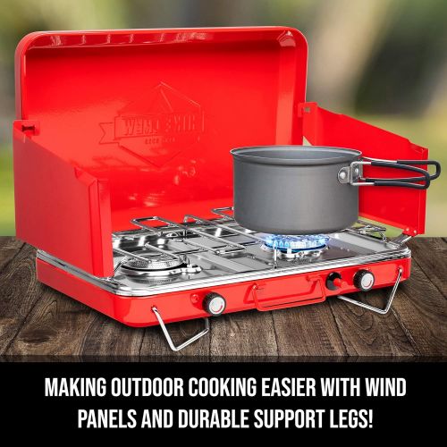  Hike Crew Gas Camping Stove 20,000 BTU Portable Propane 2 Burner Stovetop Integrated Igniter & Stainless Steel Drip Tray Built-in Carrying Handle, Foldable Legs, Wind Panels Includ