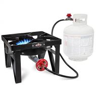 Hike Crew Cast Iron Single Burner Outdoor Gas Stove 220,000 BTU Portable Propane Powered Cooktop with Blue Flame Air Control Panel, Hose with Adjustable 0 20 PSI Regulator