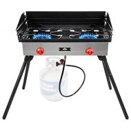 Hike Crew Cast Iron Double Burner Outdoor Gas Stove 150,000 BTU Portable Propane Powered Cooktop w/ Compact Foldable Legs, Temperature Control Knobs, Wind Panels, Hose Regulator &