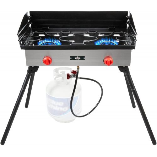  Hike Crew Cast Iron Double Burner Outdoor Gas Stove 150,000 BTU Portable Propane Powered Cooktop w/ Compact Foldable Legs, Temperature Control Knobs, Wind Panels, Hose Regulator &