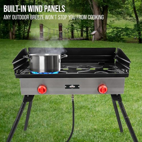 Hike Crew Cast Iron Double Burner Outdoor Gas Stove 150,000 BTU Portable Propane Powered Cooktop w/ Compact Foldable Legs, Temperature Control Knobs, Wind Panels, Hose Regulator &