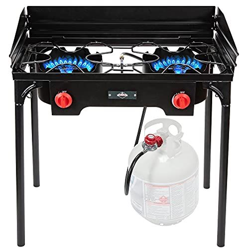  Hike Crew Cast Iron Double Burner Outdoor Gas Stove 150,000 BTU Portable Propane Powered Cooktop with Removable Legs, Temperature Control Knobs, Wind Panels, Hose, Regulator & Stor