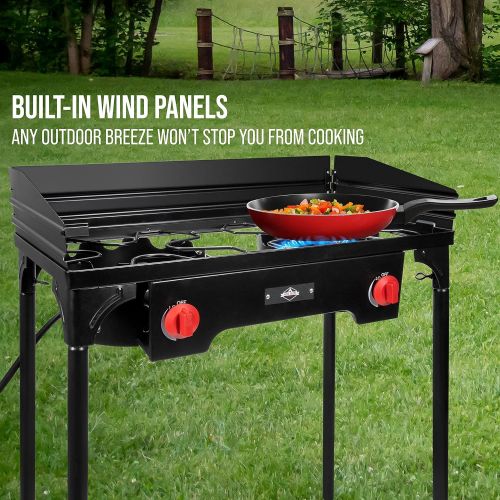  Hike Crew Cast Iron Double Burner Outdoor Gas Stove 150,000 BTU Portable Propane Powered Cooktop with Removable Legs, Temperature Control Knobs, Wind Panels, Hose, Regulator & Stor