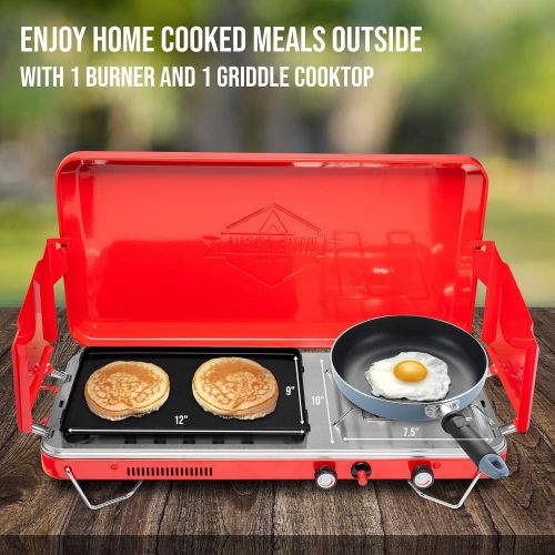  Hike Crew 2-in-1 Gas Camping Stove Portable Propane Grill/Stove Burner w/ Integrated Igniter & Stainless Steel Drip Tray Built-in Carrying Handle, Foldable Legs & Wind Panels Inclu
