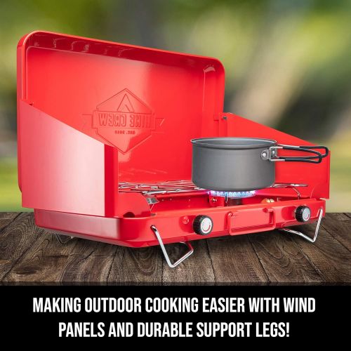  Hike Crew Gas Camping Stove Portable Double Propane Burner Built-in Carrying Handle, Foldable Legs & Wind Panels Includes Regulator Tube