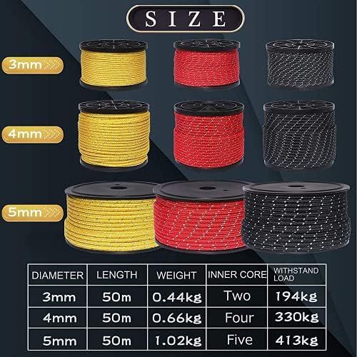  Hikeman 50m Reflective Guyline Solid Braid Nylon Camping Rope with Aluminum Adjuster Cord Tensioner Tent Accessory for Outdoor Travel,Hiking,Backpacking and Water Activities