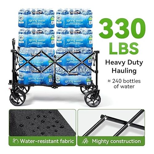  Hikenture Collapsible Wagon Cart with Cargo Net, 330lbs Capacity Beach Wagon with Big Wheels for Sand, Heavy Duty Foldable Wagon with Brakes, Portable Utility Folding Garden Cart for Outdoor