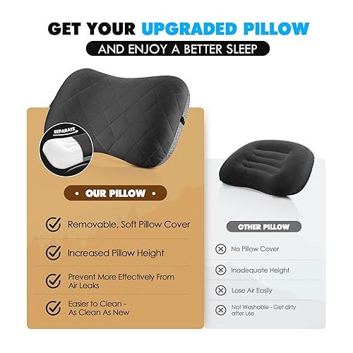  Hikenture Camping Pillow with Removable Cover - Ultralight Inflatable Pillow for Neck Lumbar Support - Upgrade Backpacking Pillow - Washable Travel Air Pillows for Camping, Hiking, Backpacking