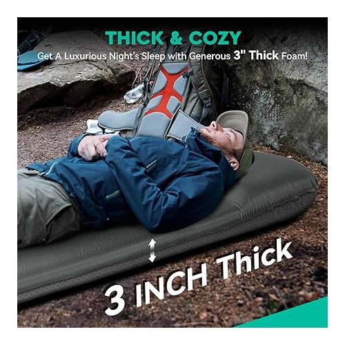  Hikenture Self Inflating Sleeping Pad for Camping, 3'' Ultra Thick Camping Pad with Pillow, 9.5 R-Value Insulated Camping Mattress, 4-Season Inflatable Foam Camping Mat for Car, Tent, Cot