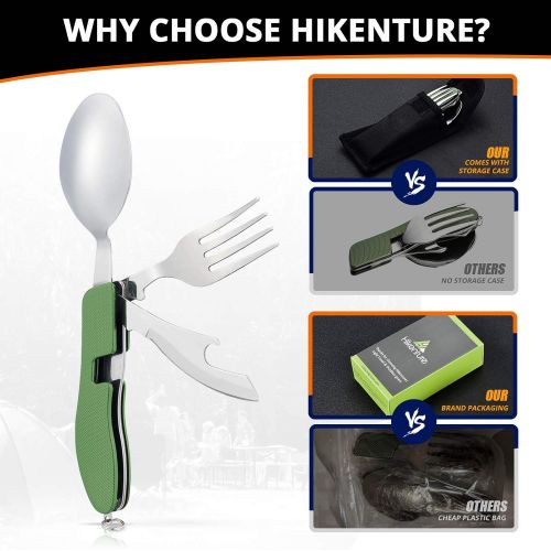  Hikenture 4-in-1 Camping Utensil Stainless Steel Fork Knife Spoon Bottle Opener Travel Cutlery Hobo Set with Storage Case