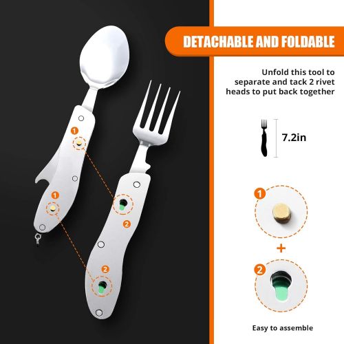  Hikenture 4-in-1 Camping Utensil Stainless Steel Fork Knife Spoon Bottle Opener Travel Cutlery Hobo Set with Storage Case