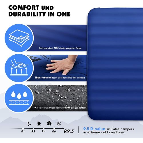  Hikenture 4 INCH Thick Self Inflating Sleeping Pad with 9.5 R Value, Comfort Plus Camping Mattress with Pump Sack, Inflatable Foam Insulated Camping Pad, Portable Camping Mat for 4