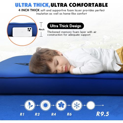  Hikenture 4 INCH Thick Self Inflating Sleeping Pad with 9.5 R Value, Comfort Plus Camping Mattress with Pump Sack, Inflatable Foam Insulated Camping Pad, Portable Camping Mat for 4
