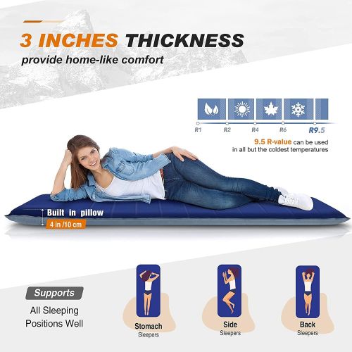  Hikenture Self Inflating Camping Mattress Pad with Pillow, 9.5 R Value UltraThick Sleeping Pad for 4-Season, 3 inches Foam Camping Mat with Better Support, Insulated Camping Pad fo