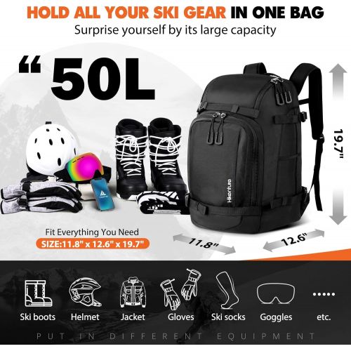  Hikenture Ski Boot Bag Backpack, 50L Padded Ski Bag & Snowboard Boot Bag with Drain Holes, Large Capacity Water-Resistant Ski Travel Bag for Ski Boots, Helmet, Goggles, Clothes, Gl
