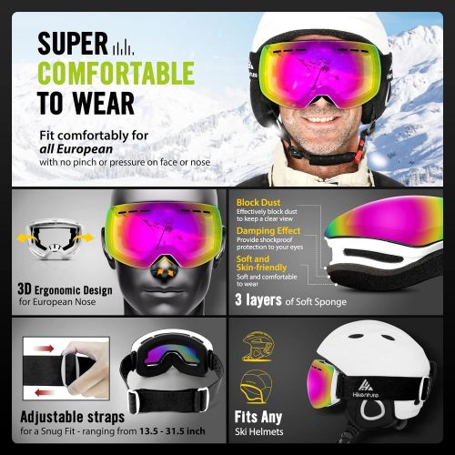  Hikenture Ski Goggles,Magnetic Snowboard Goggles Over Glasses,Snow Googles Anti Fog for Men Women Adult