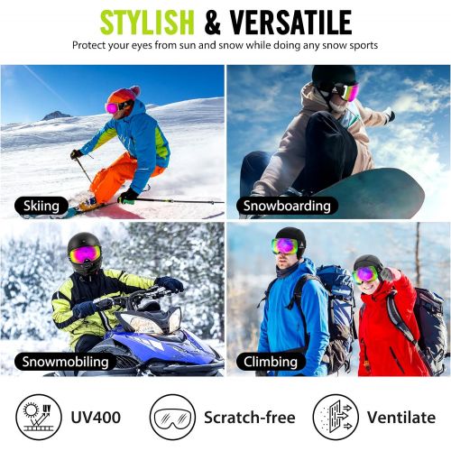  Hikenture Ski Goggles,Magnetic Snowboard Goggles Over Glasses,Snow Googles Anti Fog for Men Women Adult