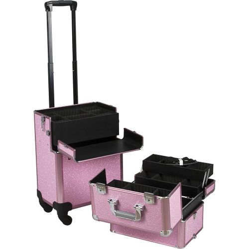  Hiker HIKER Makeup Rolling Case HK6501 2 in 1 Hair Stylist Organizer, 3 Slide and 1 Removable Tray, 4 Wheel Spinner, Locking with Mirror, Extra Lid and Shoulder Strap, Pink Krystal
