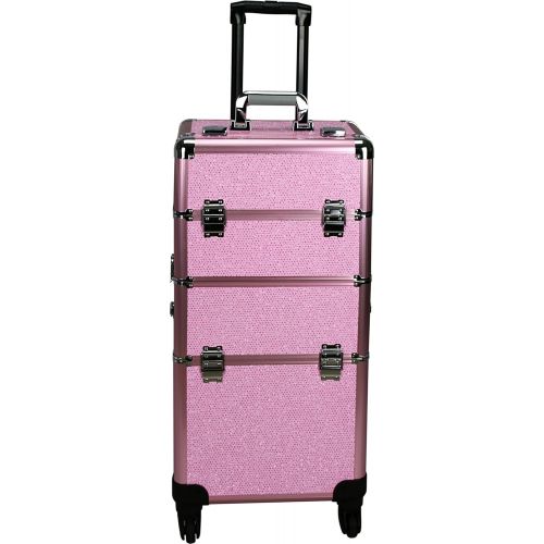  Hiker HIKER Makeup Rolling Case HK6501 2 in 1 Hair Stylist Organizer, 3 Slide and 1 Removable Tray, 4 Wheel Spinner, Locking with Mirror, Extra Lid and Shoulder Strap, Pink Krystal