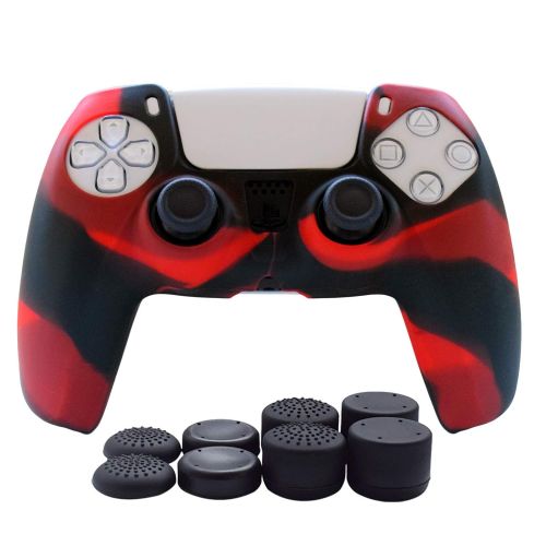  [아마존베스트]PS5 Controller Skin,Hikfly Silicone Cover for PS5 Grips Playstation 5 Controller Cover Protector Sleeve Kits Video Games with FPS Pro Thumb Grips Caps(Redblack)