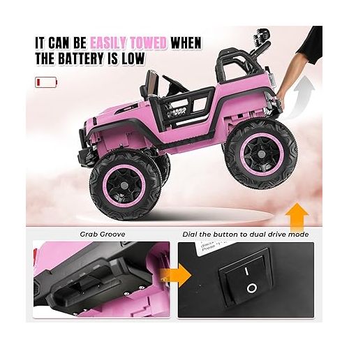  Hikole 24V Ride on Car for Kids,2 Seater Electric Truck with Remote Control, 4x100W Powerful Engine, 4WD/2WD Switchable, LED Headlight & Music Player, Battery Powered Ride on Toys for Boys Girls, Pink